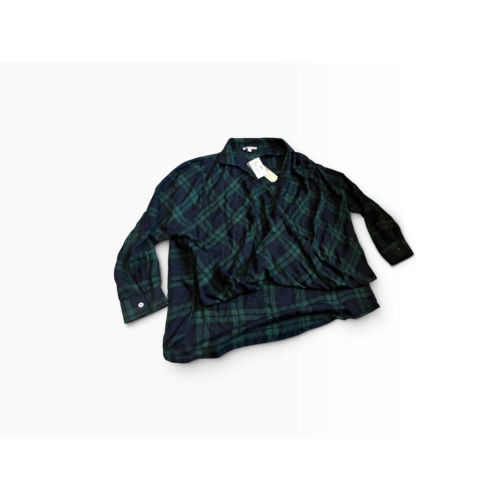 GB Plaid Surplice Wrap Top Size M Navy Green Long Sleeve Blouse T1243429DC-2